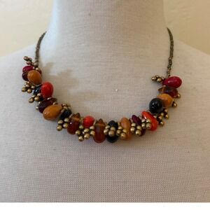 Chicos Red Honey Black Bead Statement Bib Necklace Antique Brass‎ Tone J1250